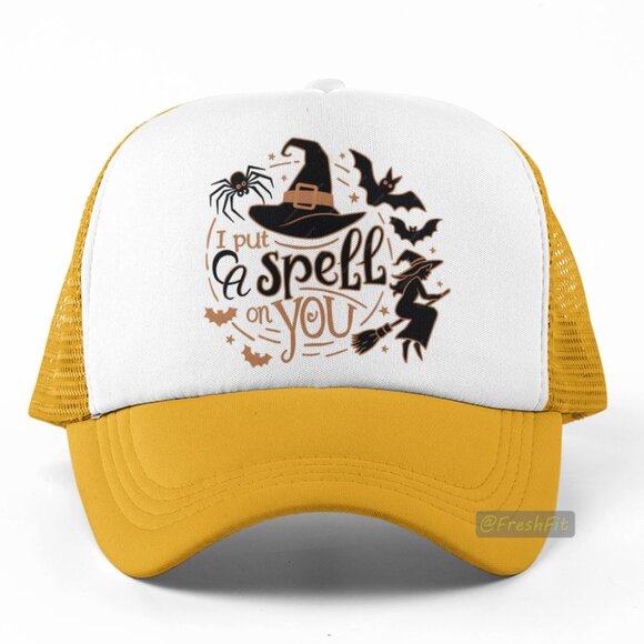🆕I Put A Spell On You Foam Trucker Hat Mesh Snapback Cap Golden Yellow/White - Picture 1 of 2